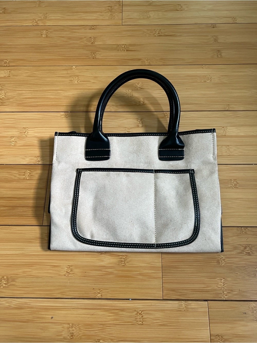 Saks Fifth Avenue Oatmeal Vegan Suede Satchel Tote Handbag W/Black Handles